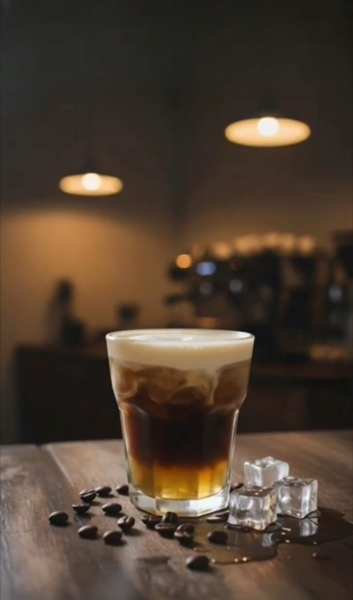 Honey Cloud Espresso at Vistara Cafe featuring espresso layered with honey and velvety cold foam, served over ice in a modern café setting.
