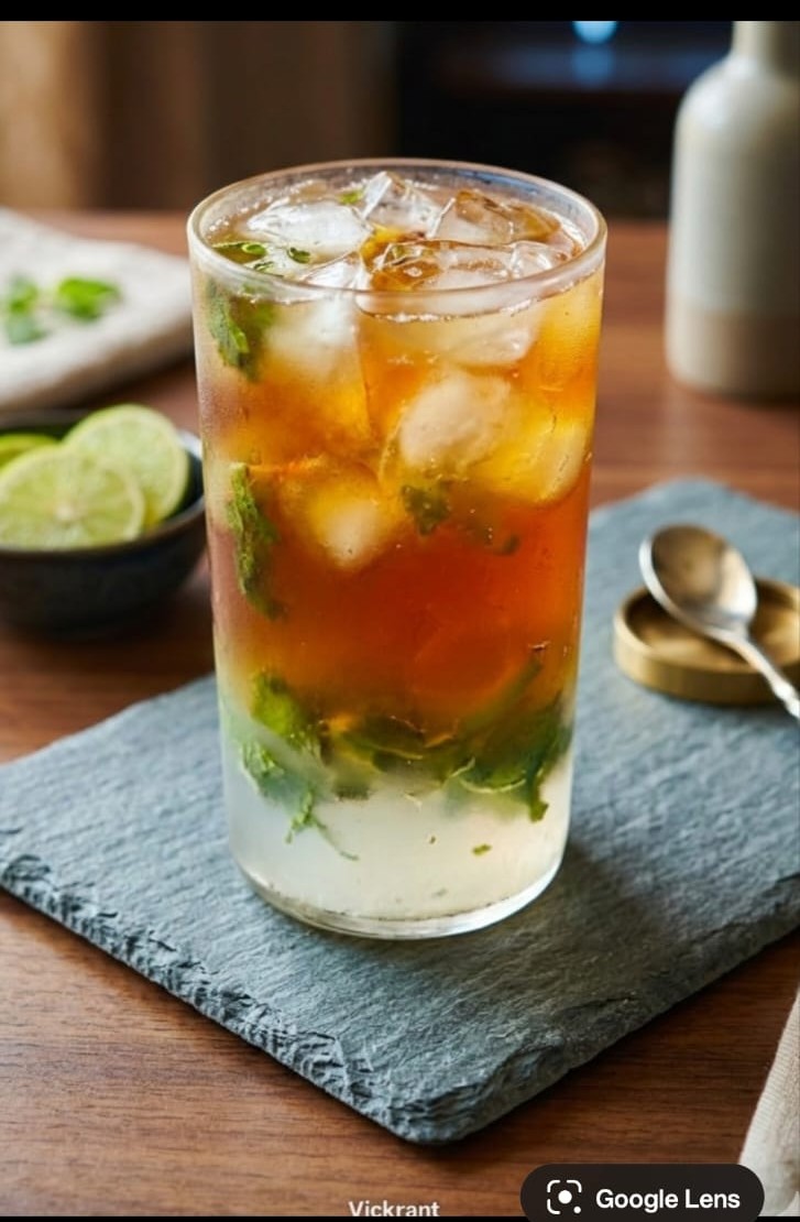 Refreshing handcrafted iced tea at Vistara Cafe made with brewed tea, fresh mint, lemon, and ice for a light and refreshing beverage.