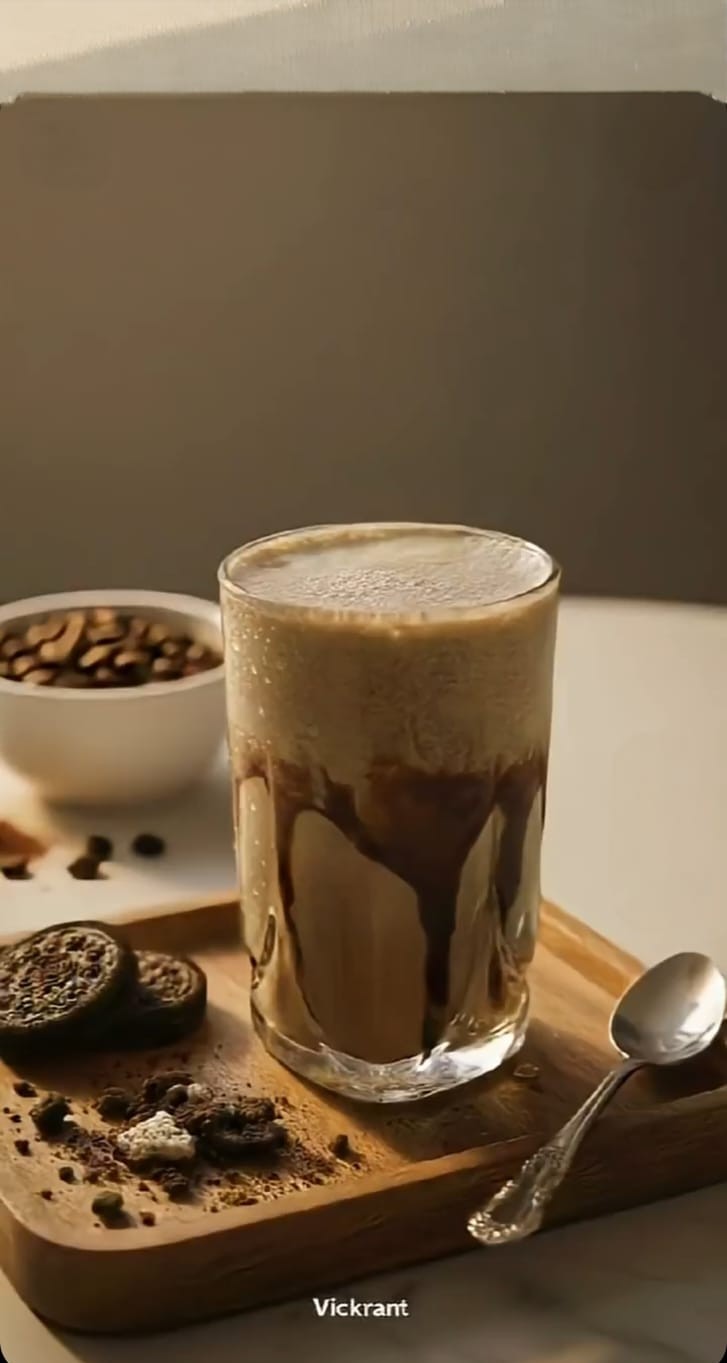 Oreo Iced Latte at Vistara Cafe with espresso, chilled milk, Oreo cookie crumbs, and chocolate drizzle