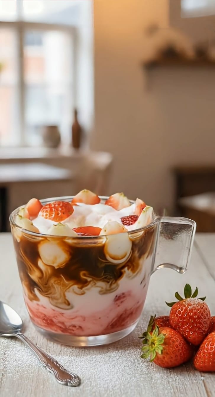 Strawberry Affogato at Vistara Cafe featuring fresh strawberries, creamy ice cream, espresso, and whipped cream